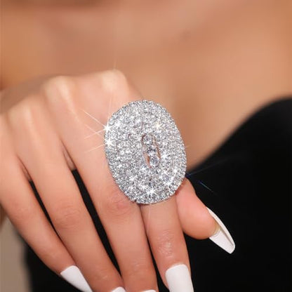 Rhinestone Finger Ring for Women Sparkly Crystal Butterfly Flower Leaf Adjustable Statement Chain Rings Punk Jewelry - color: Silver Oval