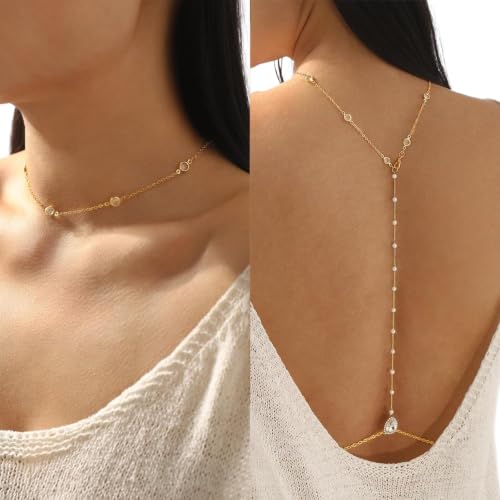 Rhinestone Back Chain Necklace,Crystal Drop BackDrop Jewelry,Wedding Bridal Long Pearl Back Necklace Jewelry for Women Backless Dress - color: Gold