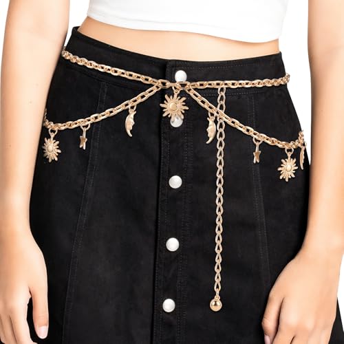 Double Layer Metal Chain Belt, Moon Star Waist Chain Fashion Link Belt Skinny Dress Waist Chain Belt For Women - color: Gold