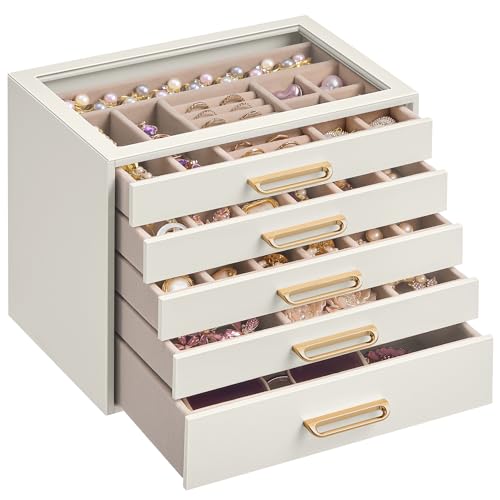 SONGMICS Jewelry Box with Glass Window, 5-Layer Organizer | Jewelry storage organizer with 5 drawers, Golden Handles, for Rings, Earrings, Bracelets, Gift Idea, Cream White UJBC205WD01 - color: Cream White, size: 5-Tier
