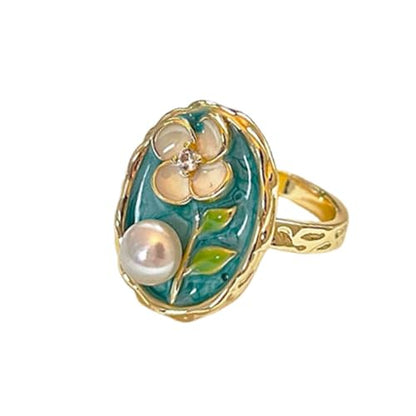 Fashion Enamel Flower Pearl Open Rings For Women 14k Gold-Tone Plated Vintage Floral Leaf Unique Finger Band Stackable Wedding Ring Adjustable Cocktail Party Statement Jewelry Gifts Mother Day Birthday