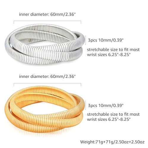 Gold Chunky Stretch Snake Chain Bangle Bracelets Stack for Women Trendy, 18K Gold Filled Stainless Steel Stretchy Womens Stackable Wristband Bangles Bracelet Set - style: TWISTED 2PCS Gold-plated&SILVER