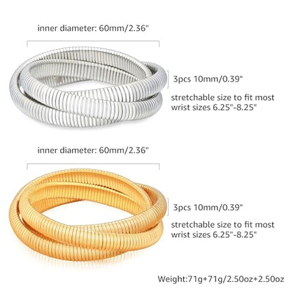 Gold Chunky Stretch Snake Chain Bangle Bracelets Stack for Women Trendy, 18K Gold Filled Stainless Steel Stretchy Womens Stackable Wristband Bangles Bracelet Set - style: TWISTED 2PCS Gold-plated&SILVER
