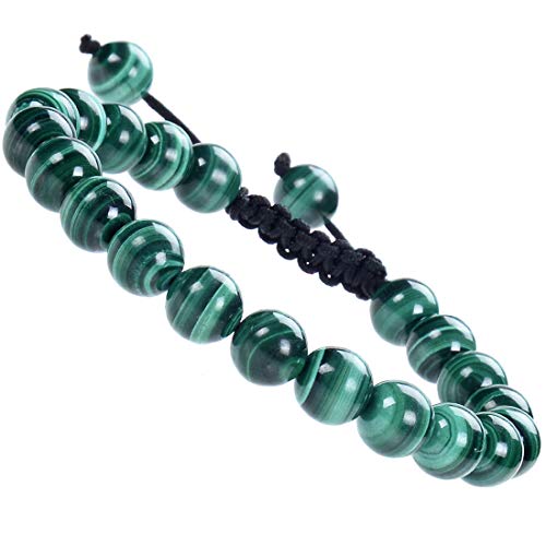 MASSIVE BEADS Natural Healing Power Gemstone Crystal Beads Unisex Adjustable Macrame Bracelets - color: Natural Malachite, size: 8mm