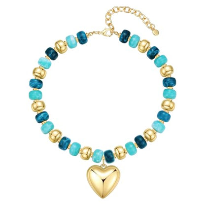 Resin Chunky Colorful Beaded Necklace | Adjustable Boho Statement Necklace,Summer Beach Party Jewelry - color: Heart+Teal
