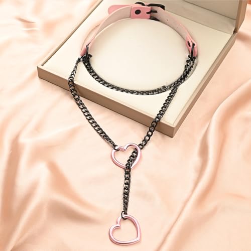 Leather Choker Slip Chain Necklace Stainless Steel Cuban Link Long Necklaces Gothic Punk Heart Chain Necklace Handmade Collars for Women - color: Pink+Black