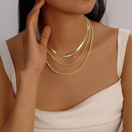 Evabelle Gold Layered Necklace for Women Trendy Jewelry 14K Real Gold Plated Chunky Chain Stackable Necklaces Dainty Choker Necklaces Rectangle Square Pendant - color: Gold Necklace 12