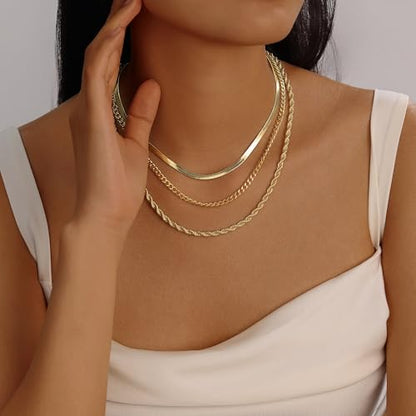 Evabelle Gold Layered Necklace for Women Trendy Jewelry 14K Real Gold Plated Chunky Chain Stackable Necklaces Dainty Choker Necklaces Rectangle Square Pendant - color: Gold Necklace 12