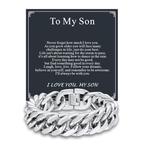 Supcare Unique Anniversary Birthday Valentines Fathers Day Stainless Steel Cuban Link Bracelets for Men Him, To My Man Dad Husband Love Always Remember Wrist Chain Bracelet Jewelry Gifts - color: A-Steel 01 To My Son, size: 8.3 Inches-17mm Width