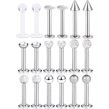 SCERRING 9 Pairs 16g Stainless Steel Clear Cubic Zirconia Labret Monroe Lip Tragus Cartilage Helix Earring Ring Body Piercing Jewelry 8mm - color: 9 Pairs - Silver