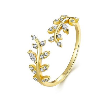 MUNDELL 925 Sterling Silver Simple Multi-layer Leaf Adjustable Ring Green Lucky Leaves Statement Ring for Women Promise Ring Fine Jewelry - color: Golden Leaf