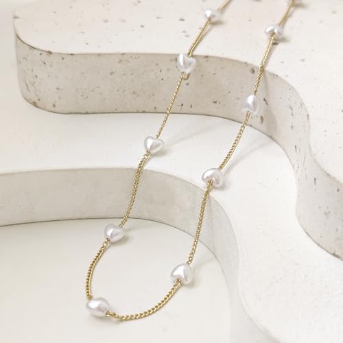 Zeffy Dainty Gold Heart Necklace for Women Trendy 14K Gold/Silver Plate Cute Heart Pendant Choker Necklaces Gold Love Heart Chain Necklace for Women Dainty Gold Jewelry Gifts for Women - style: Pearl Puffy Heart Choker-Gold