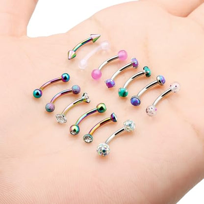 16g 8/10mm Silver/Black/Rose-Gold/Rainbow Eyebrow Piercing Jewelry Rings Curved Barbell Vertical Labret Lip Surgical Steel Small Belly Button Snake Eyes Tongue Rook Earrings for Women Men - color: Rainbow / Purple, size: 16g*8mm*3mm