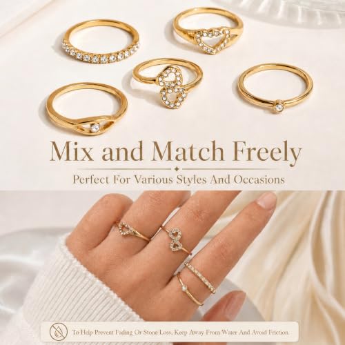 30 Pcs Gold Stackable Rings Set for Women, Cute Finger Midi Rings with Heart Butterfly Designs, Perfect for Stacking Layering on Thumb Knuckle, Mixed Size Gold Plated Statement Rings Pack