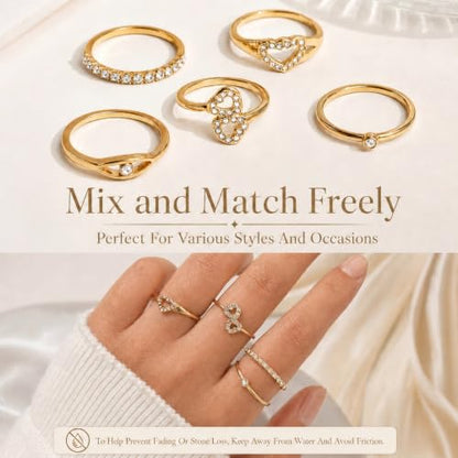 30 Pcs Gold Stackable Rings Set for Women, Cute Finger Midi Rings with Heart Butterfly Designs, Perfect for Stacking Layering on Thumb Knuckle, Mixed Size Gold Plated Statement Rings Pack