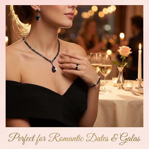 4 Pcs Trendy Black Jewelry Sets for Women Teardrop Rhinestone | Complete collection featuring a collar dangle drops band and ring.