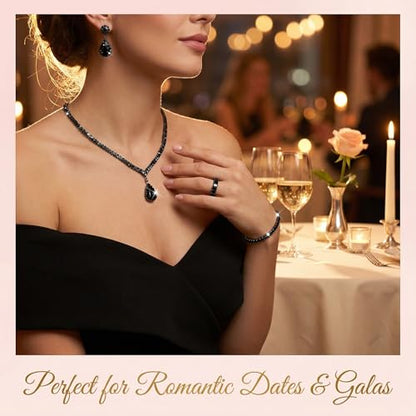 4 Pcs Trendy Black Jewelry Sets for Women Teardrop Rhinestone | Complete collection featuring a collar dangle drops band and ring.