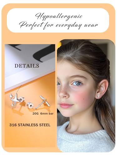 Surgical Stainless Steel Earrings for Girls Women Hypoallergenic Screw Back Earrings for Kids Jewelry Sensitive Ears