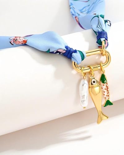 Chunky Gold Fish Pendant Necklace For Women Long Silk Scarf Turquoise Strand Necklace With Fish Pendants Boho Beach Shell Statement Necklaces - style: Scarf fish