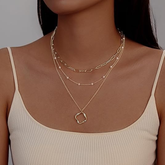 Evabelle Gold Layered Necklace for Women Trendy Jewelry 14K Real Gold Plated Chunky Chain Stackable Necklaces Dainty Choker Necklaces Rectangle Square Pendant - color: Gold Necklace 25