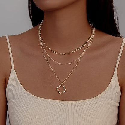 Evabelle Gold Layered Necklace for Women Trendy Jewelry 14K Real Gold Plated Chunky Chain Stackable Necklaces Dainty Choker Necklaces Rectangle Square Pendant - color: Gold Necklace 25