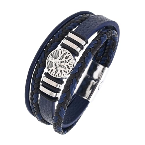 Tree of Life Leather Bracelet for Men, Multi-Layer Braided Religious Mens Cuff Bracelets with Alloy Clasp Anniversary Father's Day Birthday Christmas Jewelry Gifts for Him - color: Navy Blue