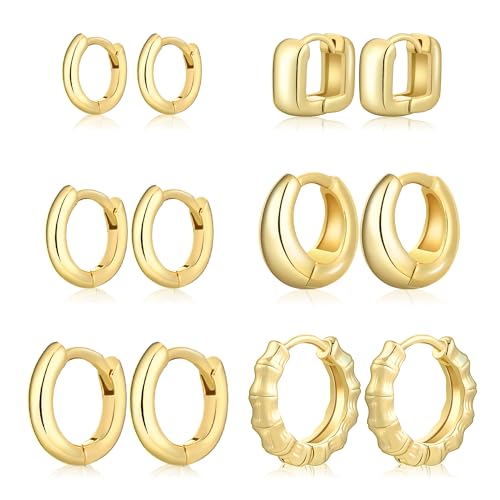 Wgoud Small Gold Hoop Earrings Set for Women, 6 Pairs 14K Gold Plated Hypoallergenic Lightweight Huggie Hoops Earrings, Trendy Cartilage Cubic Zirconia Earrings for Women Gifts. - color: 02Gold