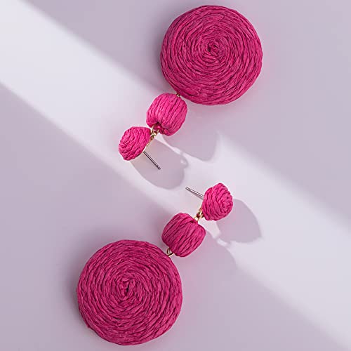 Statement Raffia Boho Round Dangle Ball Earrings - Cute Handmade Summer Bohemian Dangling Jewelry for Women - color: Rose