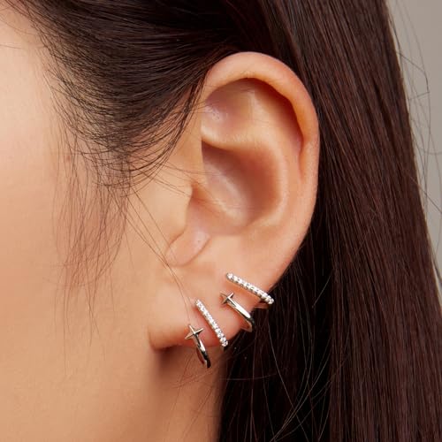 925 Sterling Silver Double Illusion Claw Trendy Stud Earrings for Women - color: White