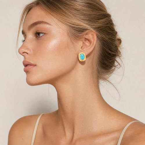 Chunky Gold Stud Earrings for Women 18K Gold Plated Hypoallergenic Chunky Statement Earrings Big Natural Crystal Stone Earring Gift for Women - color: Turquoise