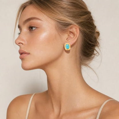 Chunky Gold Stud Earrings for Women 18K Gold Plated Hypoallergenic Chunky Statement Earrings Big Natural Crystal Stone Earring Gift for Women - color: Turquoise
