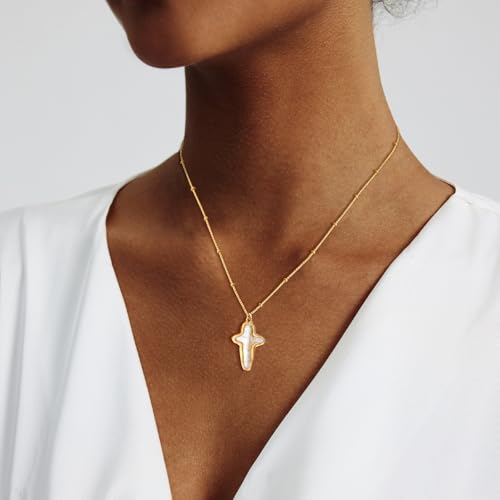 Zeffy 14K Gold/Silver Plated Chunky Thick Chain Toggle Clasp Necklace Dainty Baroque Pearl/Heart/Cross/Turquoise Pendant Necklace - color: Gold Baroque Pearl Cross Necklace