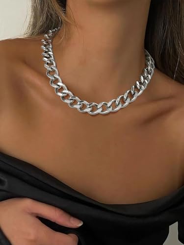 ChainsPro Cuban Link Chain for Women,Stainless Steel Chunky Necklace Silver/Gold Plated Thick Chain Choker, 12/16/20 mm Width,18" and 20" Punk Hip Hop Trendy Non Tarnish Jewelry Gifts - color: Silver, style: 16mm-18"