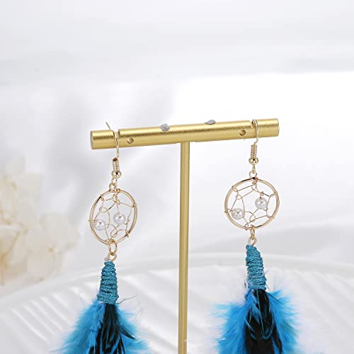 Bohemian Pheasant Peacock Long Feathers Statement Earrings Handmade Natural Lightweight Feather Dangle Earrings for Women (ea000071) - color: Dreamcatcher Blue