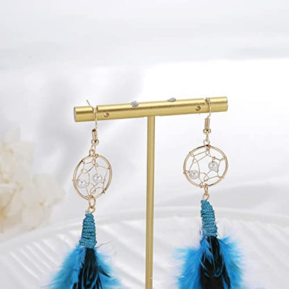 Bohemian Pheasant Peacock Long Feathers Statement Earrings Handmade Natural Lightweight Feather Dangle Earrings for Women (ea000071) - color: Dreamcatcher Blue