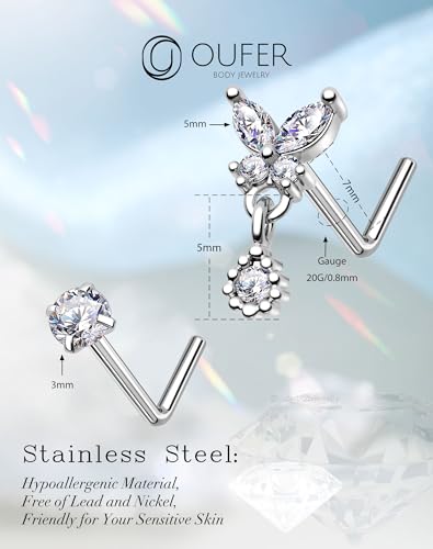 OUFER 2PCS Stainless Steel Nose Rings, Moon Star Butterfly Design 20G Nostril Dangle Piercing Jewelry - 7MM - style: Butterfly