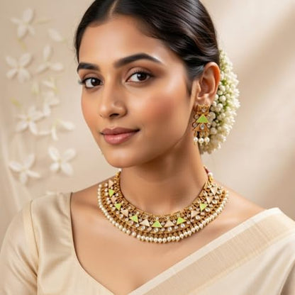 Efulgenz Indian Wedding Antique Crystal Faux Pearl Necklace Set for Women - color: Mint
