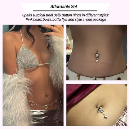 Belly Button Ring Surgical Stainless Steel Belly Button Rings for Women Pink Piercing Jewelry Dangling Belly Ring Pack - color: Gold