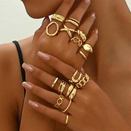 Trendy Knuckle Rings Set for Women Dainty Stackable Joint Finger Midi Rings Pack Adjustable Dome Twist Hollow Chunky Rings Statement Jewelry Mixed Size - style: D-Gold-16Pcs