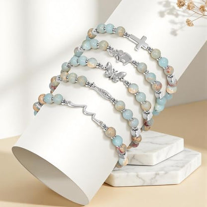 Natural Stone Stretch Bracelet for Women - Holy Water Elastic Cross Bracelet | Christmas Christian Baptism Gift, Meaningful Gifts, Unique Gift for Friends Mom Daughter Sister - style: cross-Joshua