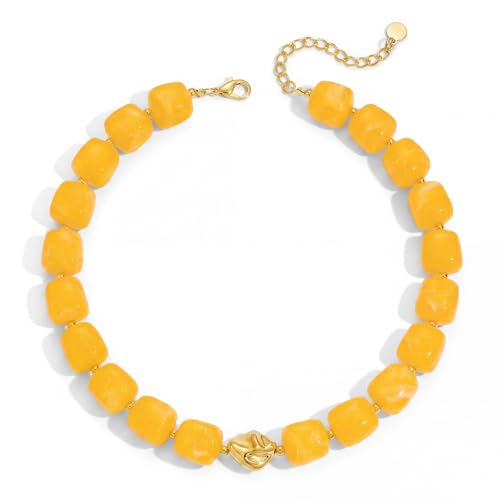 Beaded Necklaces for Women Boho Chunky Necklace Statement Big Resin Bead Choker Fashion Summer Beach Jewelry - color: Yellow