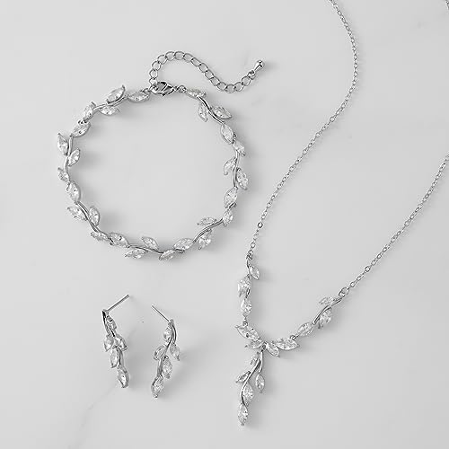 SWEETV Jewelry Set for Women, Cubic Zirconia Marquise Vine Cluster Bridal Earrings and Necklace Set, Bridal Jewelry Set for Wedding Prom - color: S09 Silver