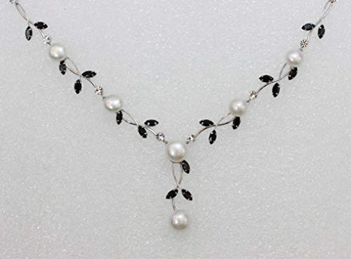Faship Genuine Freshwater Pearls Floral Necklace Earrings Set | Premium CZ Crystal, Gorgeous, Sparkling - color: Black