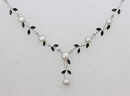 Faship Genuine Freshwater Pearls Floral Necklace Earrings Set | Premium CZ Crystal, Gorgeous, Sparkling - color: Black