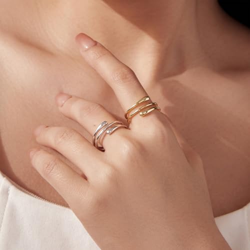 Silver Open Adjustable Stacking Rings for Women, Minimalist Wrap Band Set, Geometric/Heart/Wave/Leaf/Spiral Styles, Hypoallergenic, Gift Box Included, Thumb Ring Option - color: 14K Water Drop