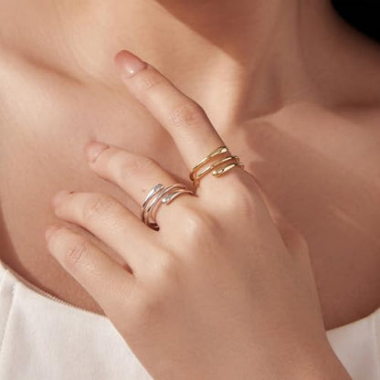 Silver Open Adjustable Stacking Rings for Women, Minimalist Wrap Band Set, Geometric/Heart/Wave/Leaf/Spiral Styles, Hypoallergenic, Gift Box Included, Thumb Ring Option - color: 14K Water Drop
