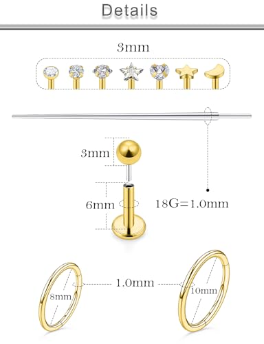 20G 18G 16G Threadless Lip Labret Medusa Monroe Nose Piercing Jewelry Surgical Steel Snake Bites Lip Rings Flat Back Push in Cartilage Tragus Helix Conch Earring Stud 6mm 8mm 10mm Bars - color: Gold-18G（1.0mm) - Bars:6mm - Hinged Clicker Rings:8mm 10mm