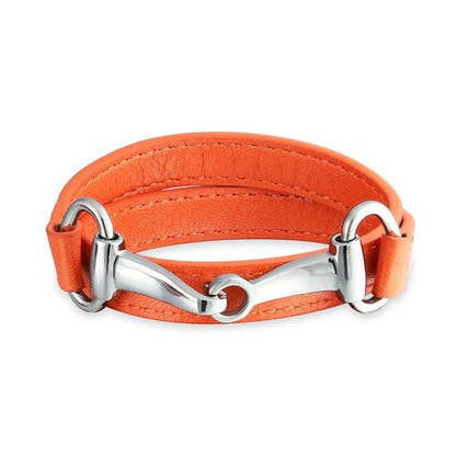 Genuine Leather Black Orange Red Equestrian Snaffle Horse Bit Wrap Bracelet - color: Silver Tone