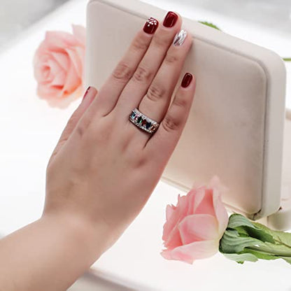 Uloveido Beautiful Women's 7 Stones Wedding Band Oval Cubic Zirconia Engagement Anniversary Rings J501 - color: Platinum-Rainbow