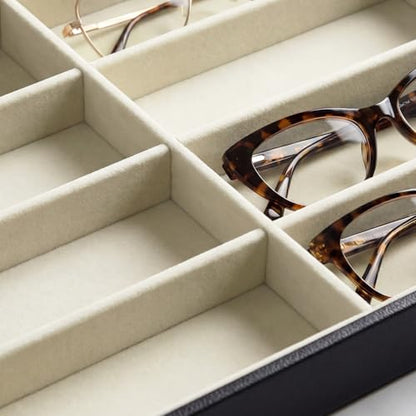 Stratalife 8 Grids Drawer Sunglasses Organizer Tray, Beige PU Velvet | Stackable Eyeglasses Storage Case with Removable Dividers, Jewelry Display Case for Necklace Bracelet, 13.78x9.5x1.2inch - color: Beige-02